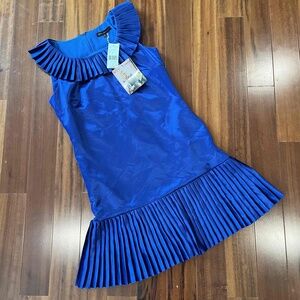 New NWT Betsey Johnson Royal Blue Dress Pleated Ruffle Neck‎ Sleeveless Size 2